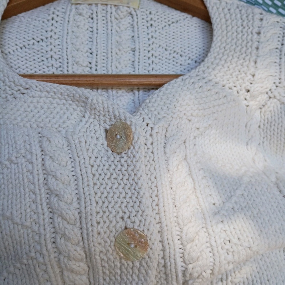Vintage Hand Knit Cable Fisherman Cardigan Aran Thelma Ackley Cream XL